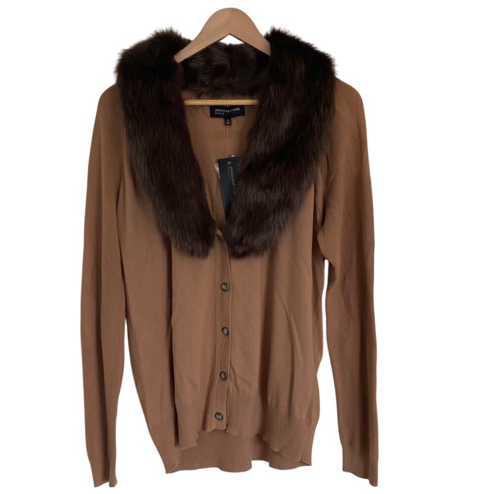 New Jones New York Camel Cardigan Dark Brown Faux-Fur Collar Size‎ 2X Classic